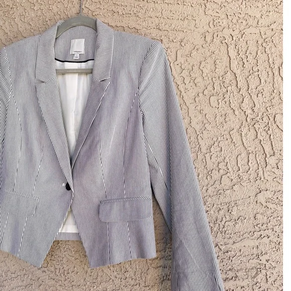 HALOGEN Blue & White Striped Pinstripe Stretch Cotton Suit Jacket Blazer - Picture 2 of 10